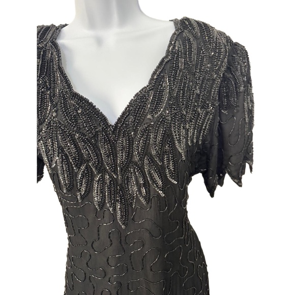 Vntg 1980s Lawrence Kazar New York Beaded Silk Black Hand-Beaded Evening Gown - Picture 2 of 8